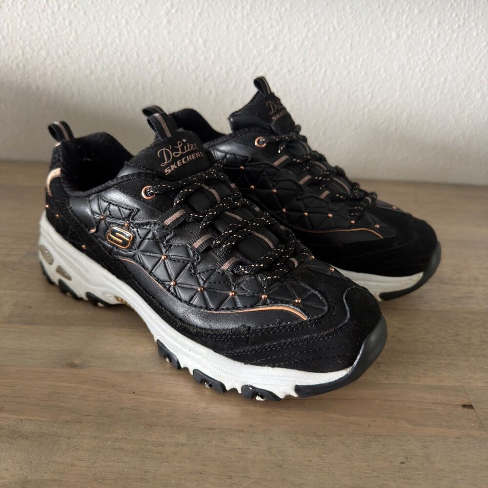 Skechers D'Lites Glamour Feels Women’s 7.5 Black Rose Gold Sneakers